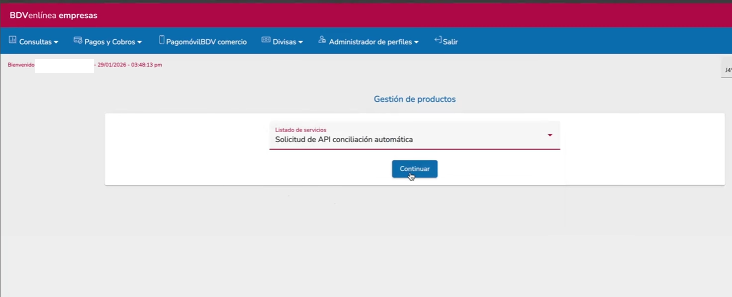 BDV - Seleccionar Solicitud de API de conciliación automática